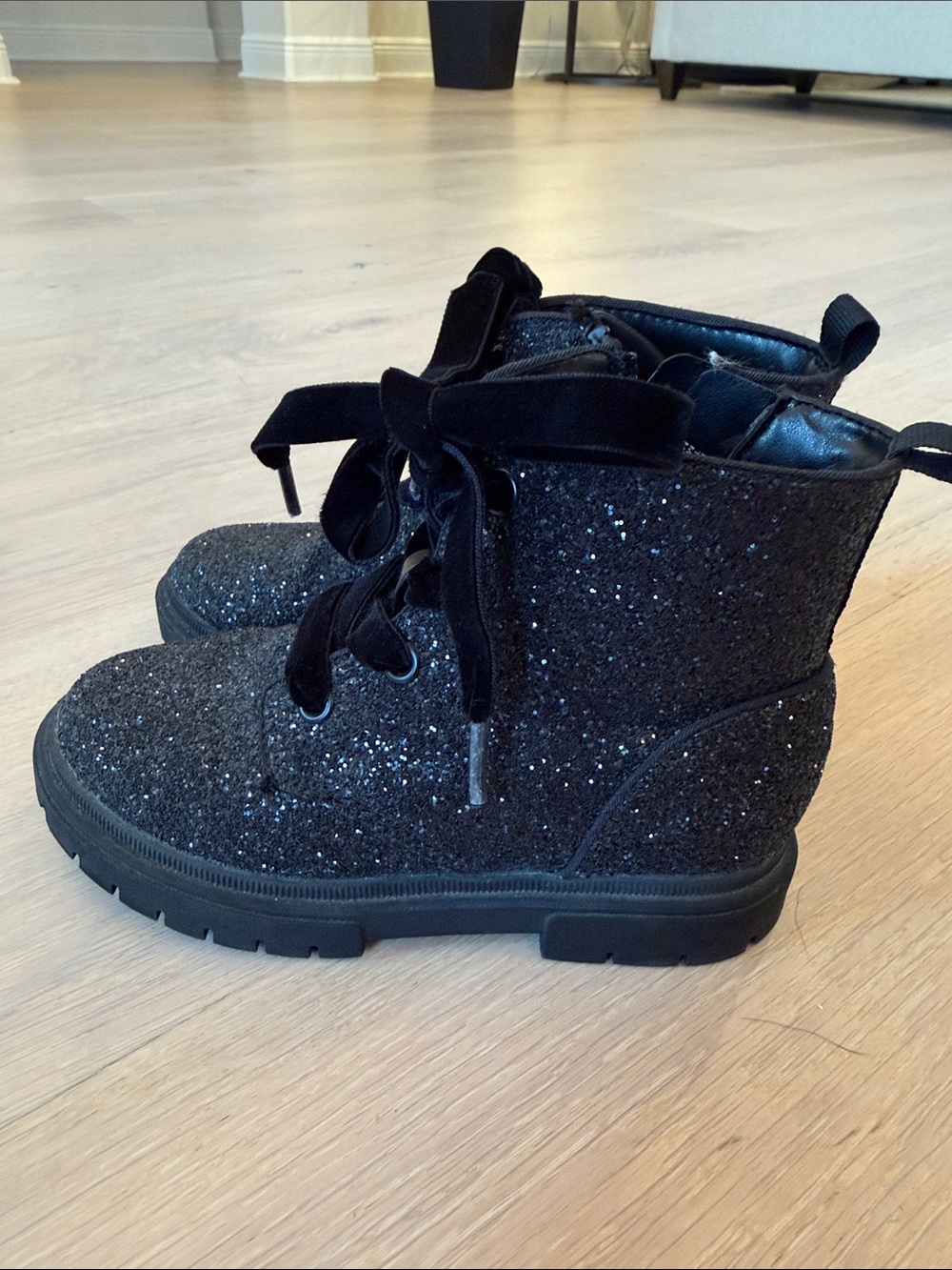 Cat & Jack Black Glitter Lace-Up Zipper Side Girls Boots Size 12